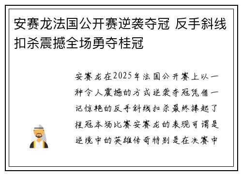 安赛龙法国公开赛逆袭夺冠 反手斜线扣杀震撼全场勇夺桂冠