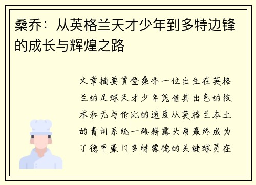 桑乔：从英格兰天才少年到多特边锋的成长与辉煌之路